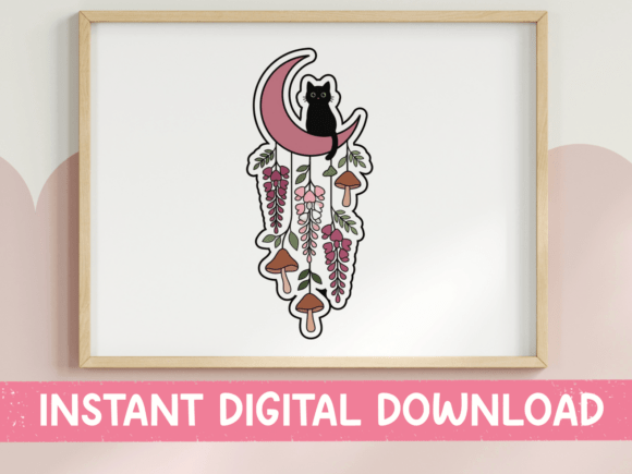 Moon Cat Wind Chime Floral Sticker for T-Shirt Designs & Graphics